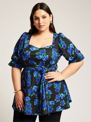 Yours Curve Black Floral Puff Sleeve Peplum Top - Image 1 of 2