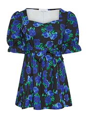 Yours Curve Black Floral Puff Sleeve Peplum Top - Image 2 of 2