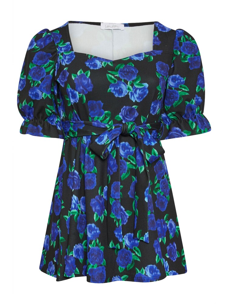 Yours Curve Black Floral Puff Sleeve Peplum Top - Image 2 of 2