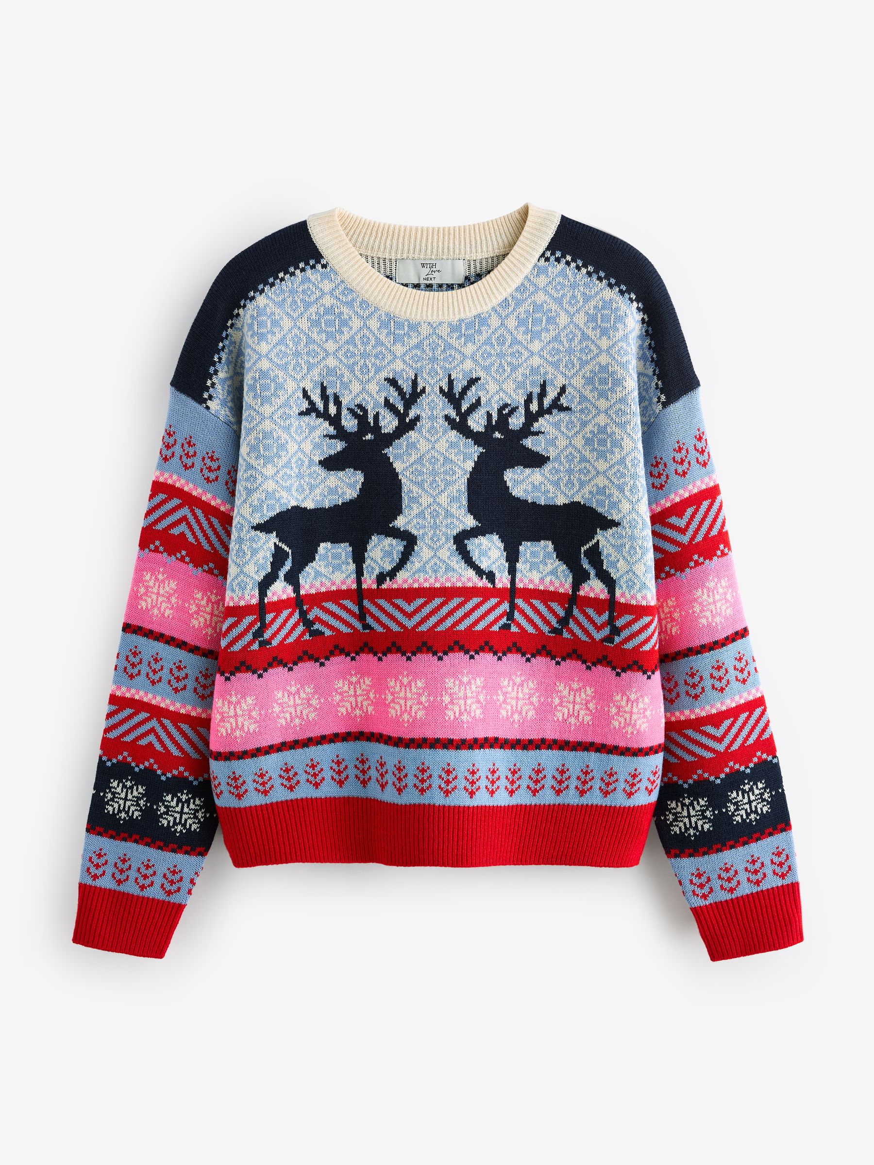 Navy Blue Pink Matching Family Womens Christmas Fairisle Pattern Reindeer Jumper