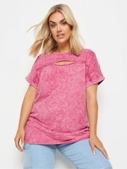 Roz - Tricou din bumbac cu decupaje și efect prespălat Yours Curve 100% - Imaginea 1 din 5