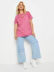 Roz - Tricou din bumbac cu decupaje și efect prespălat Yours Curve 100% - Imaginea 2 din 5