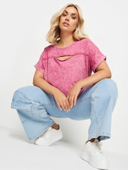 Roz - Tricou din bumbac cu decupaje și efect prespălat Yours Curve 100% - Imaginea 4 din 5