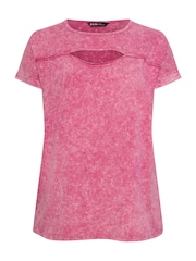 Roz - Tricou din bumbac cu decupaje și efect prespălat Yours Curve 100% - Imaginea 5 din 5