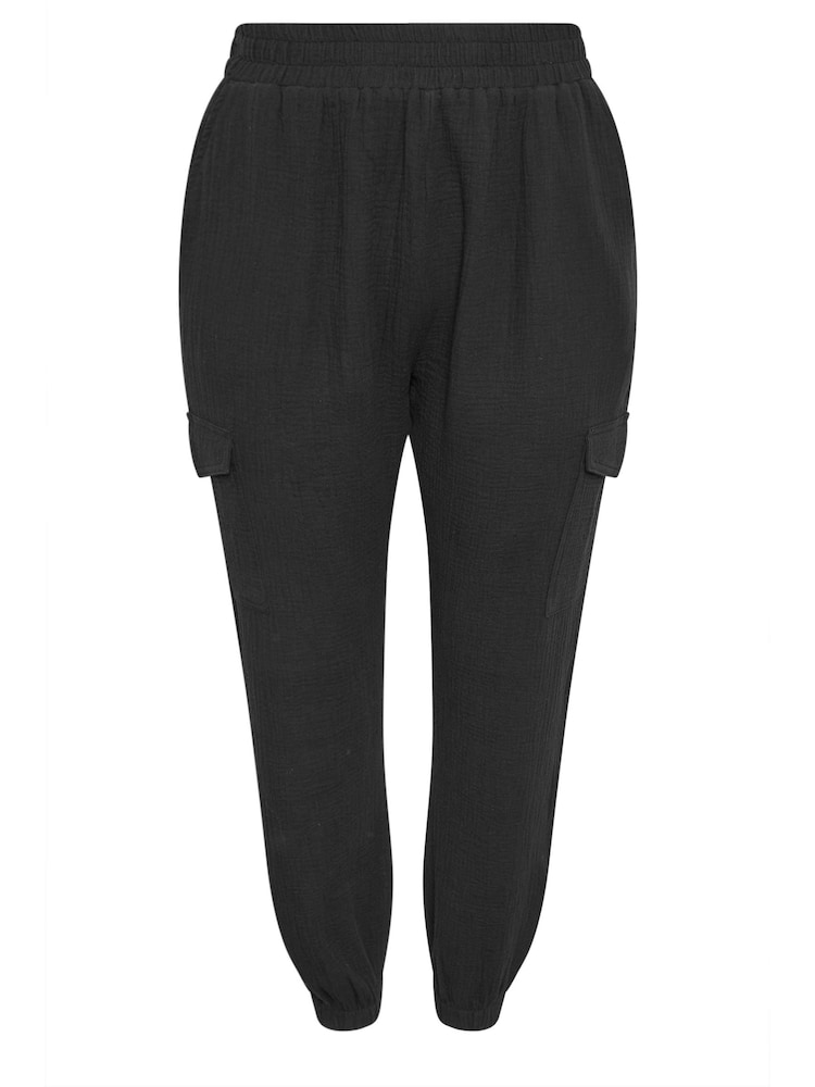 Yours Curve Black 100% Cotton Cheesecloth Cuffed Joggers - Image 5 of 5