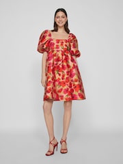 VILA Red Floral Baroque Puff Sleeve Mini Occasion Dress - Image 1 of 7
