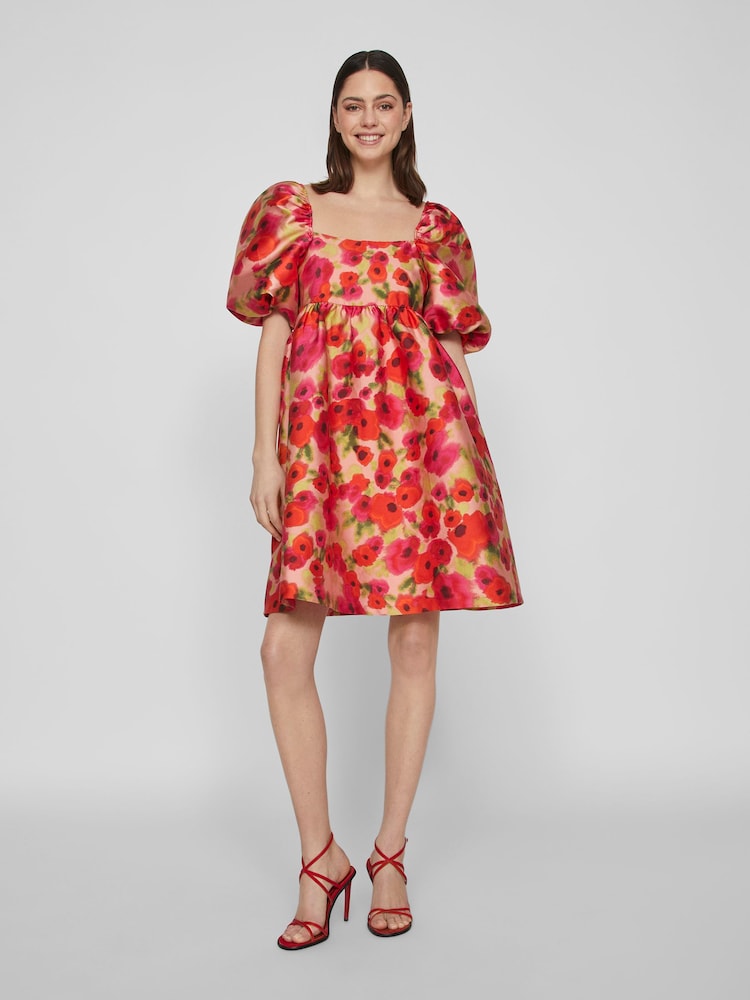 VILA Red Floral Baroque Puff Sleeve Mini Occasion Dress - Image 1 of 7