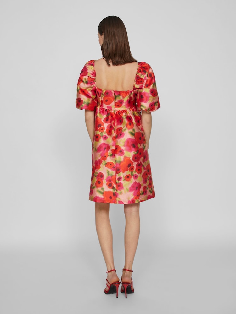 VILA Red Floral Baroque Puff Sleeve Mini Occasion Dress - Image 2 of 7