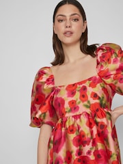 VILA Red Floral Baroque Puff Sleeve Mini Occasion Dress - Image 4 of 7