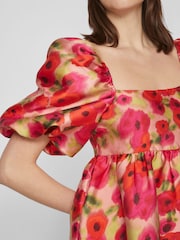 VILA Red Floral Baroque Puff Sleeve Mini Occasion Dress - Image 5 of 7
