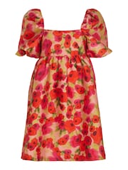 VILA Red Floral Baroque Puff Sleeve Mini Occasion Dress - Image 6 of 7