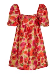 VILA Red Floral Baroque Puff Sleeve Mini Occasion Dress - Image 7 of 7