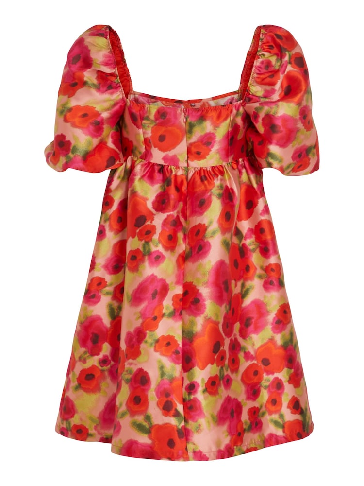 VILA Red Floral Baroque Puff Sleeve Mini Occasion Dress - Image 7 of 7