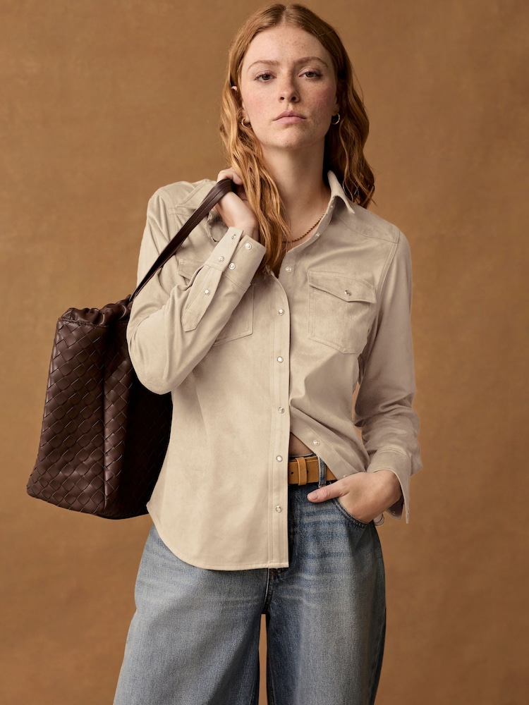 Ecru Cream Long Sleeve Faux Suede Shirt - Image 1 of 5