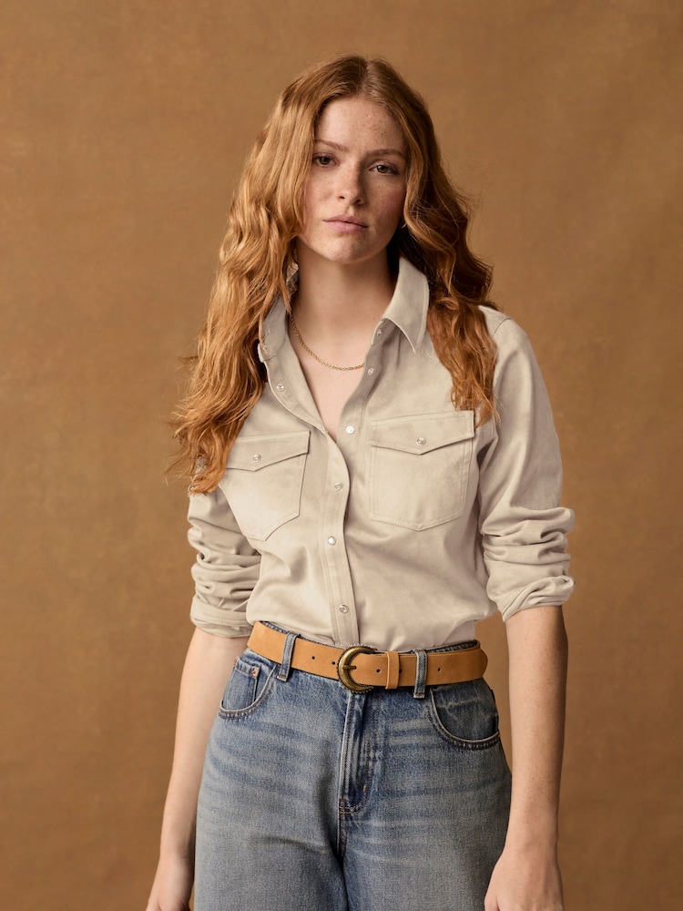 Ecru Cream Long Sleeve Faux Suede Shirt - Image 2 of 5