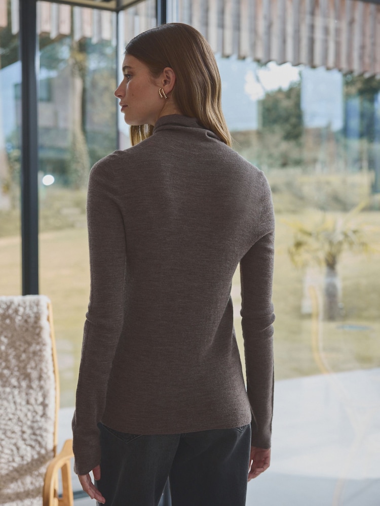 Neutral Brown Mole 100% Merino Wool Premium High Roll Neck Knitted Jumper - Image 3 of 7