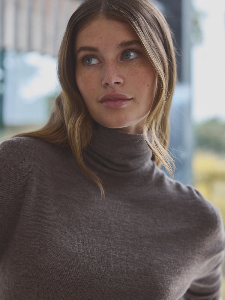 Neutral Brown Mole 100% Merino Wool Premium High Roll Neck Knitted Jumper - Image 4 of 7