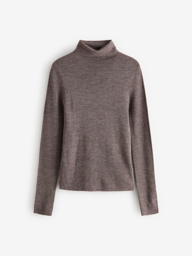 Neutral Brown Mole 100% Merino Wool Premium High Roll Neck Knitted Jumper - Image 5 of 7