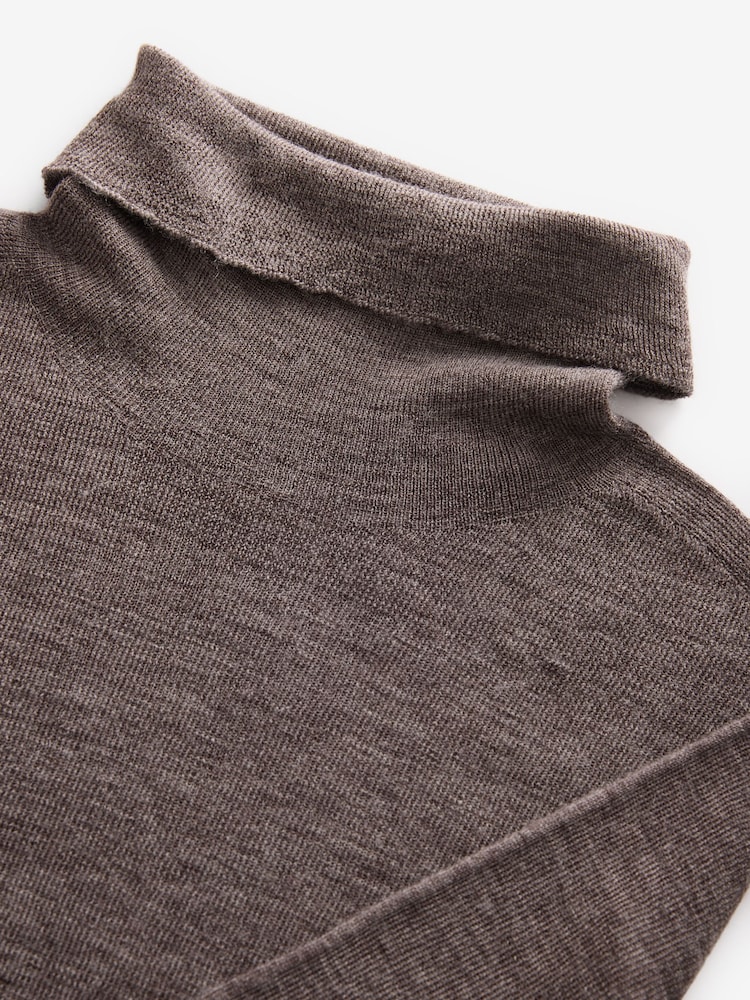 Neutral Brown Mole 100% Merino Wool Premium High Roll Neck Knitted Jumper - Image 6 of 7