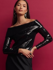 Black Sequin Bardot Top - Image 1 of 5