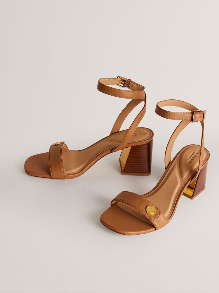 Ted Baker Brown Milliiy Mid Block Heel Sandals With Signature Coin - Image 1 of 5