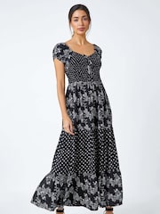 Roman Black Abstract Tie Detail Tiered Maxi Dress - Image 1 of 5