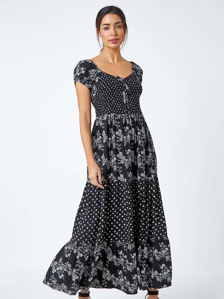 Roman Black Abstract Tie Detail Tiered Maxi Dress - Image 1 of 5