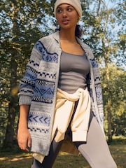 Blue Chambray Fairisle Pattern Stripe Zip Through Longline Knitted Cardigan - Image 1 of 8