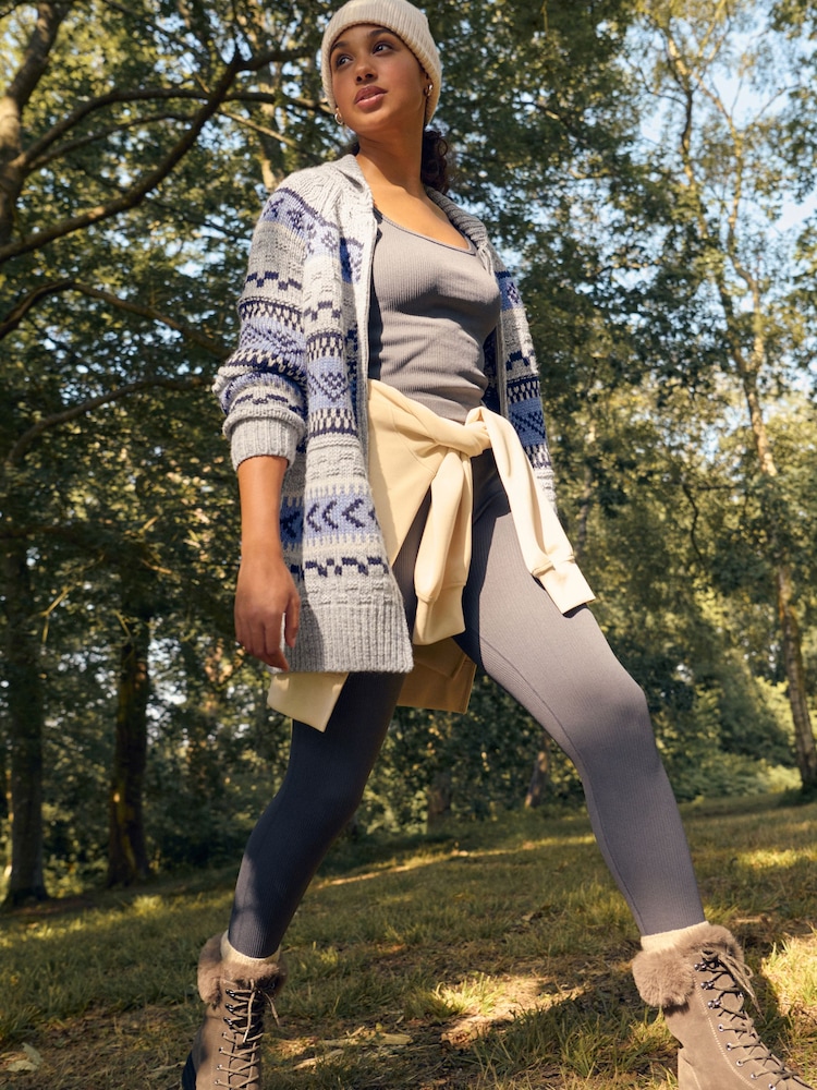 Blue Chambray Fairisle Pattern Stripe Zip Through Longline Knitted Cardigan - Image 2 of 8