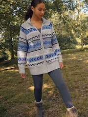 Blue Chambray Fairisle Pattern Stripe Zip Through Longline Knitted Cardigan - Image 3 of 8