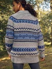 Blue Chambray Fairisle Pattern Stripe Zip Through Longline Knitted Cardigan - Image 4 of 8