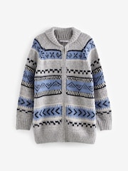 Blue Chambray Fairisle Pattern Stripe Zip Through Longline Knitted Cardigan - Image 6 of 8