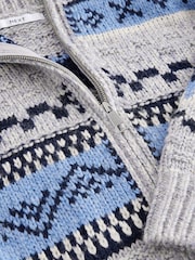 Blue Chambray Fairisle Pattern Stripe Zip Through Longline Knitted Cardigan - Image 7 of 8