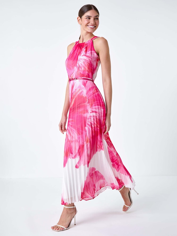 Roman Pink Floral Pleated Halterneck Maxi Dress - Image 2 of 5 Roman Pink Floral Pleated Halterneck Maxi Dress - Image 2 of 5