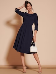 Jolie Moi Navy Blue 3/4 Sleeve Fold Neck Midi Dress - Image 1 of 6