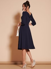 Jolie Moi Navy Blue 3/4 Sleeve Fold Neck Midi Dress - Image 2 of 6