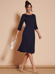 Jolie Moi Navy Blue 3/4 Sleeve Fold Neck Midi Dress - Image 4 of 6