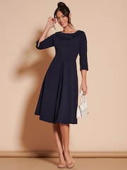 Jolie Moi Navy Blue 3/4 Sleeve Fold Neck Midi Dress - Image 5 of 6