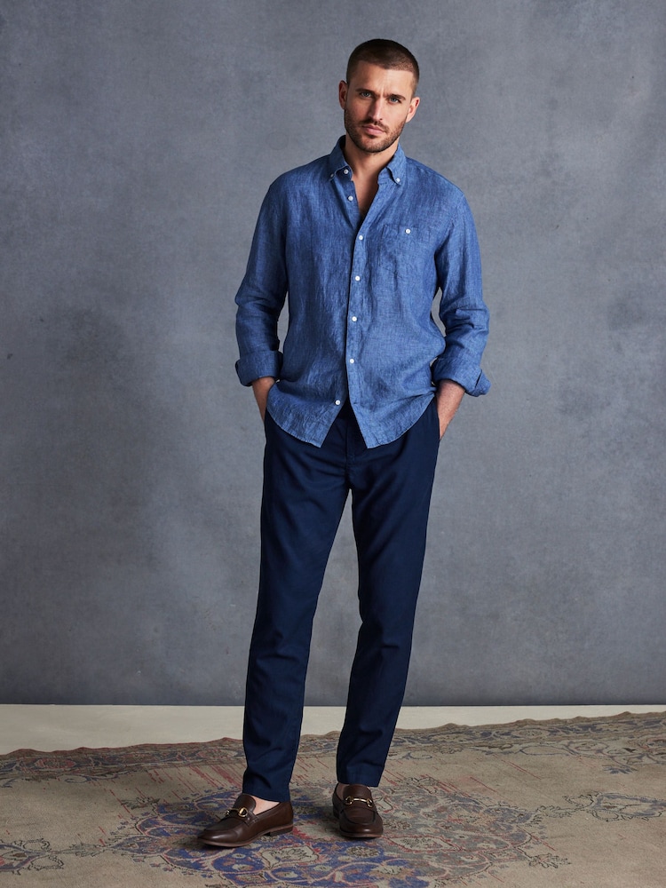 Navy Blue Slim fit Premium Linen Drawstring Trousers - Image 2 of 10