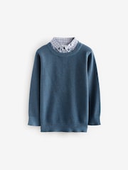 Navy Mock Gingham Shirt and Crew Neck 100% Cotton Jumper (3-16yrs) - Image 1 of 3