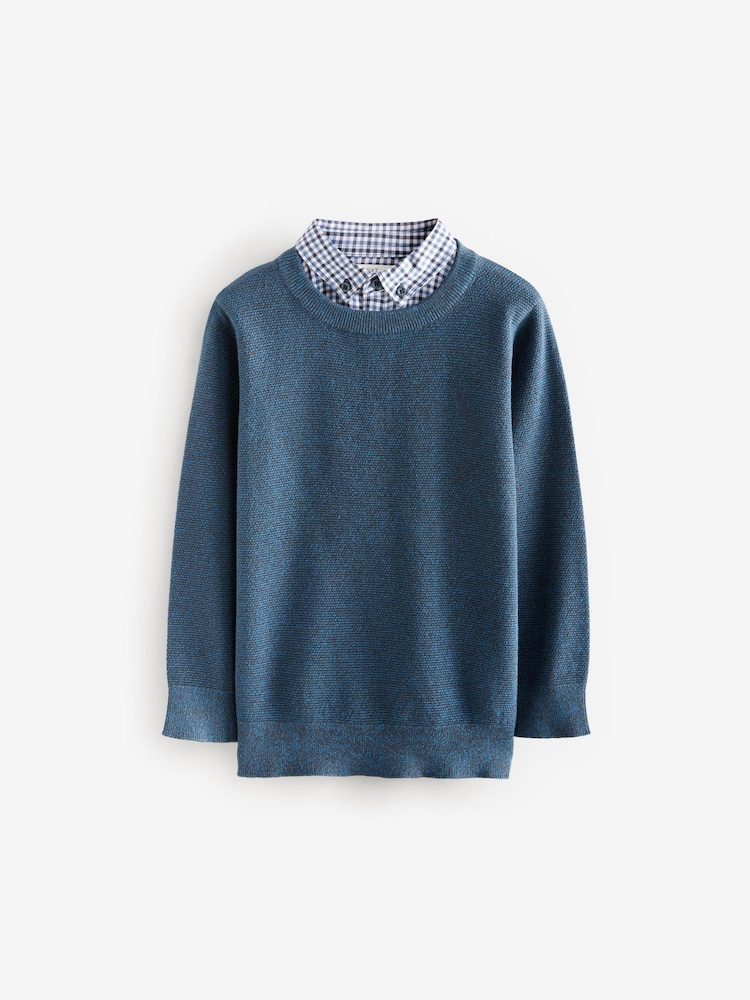 Navy Mock Gingham Shirt and Crew Neck 100% Cotton Jumper (3-16yrs) - Image 1 of 3 Navy Mock Gingham Shirt and Crew Neck 100% Cotton Jumper (3-16yrs) - Image 1 of 3