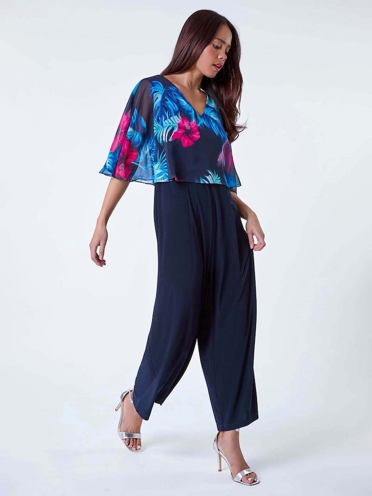 Roman Blue Tropical Chiffon Overlay Jumpsuit - Image 1 of 5