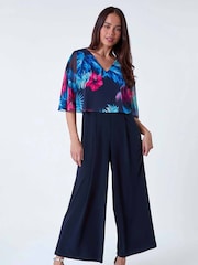 Roman Blue Tropical Chiffon Overlay Jumpsuit - Image 2 of 5