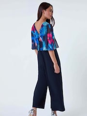Roman Blue Tropical Chiffon Overlay Jumpsuit - Image 3 of 5