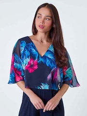 Roman Blue Tropical Chiffon Overlay Jumpsuit - Image 4 of 5