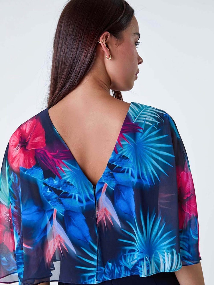Roman Blue Tropical Chiffon Overlay Jumpsuit - Image 5 of 5
