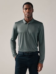 Slate Grey Active Golf Long Sleeve Textured Top Polo Shirt - Image 1 of 8