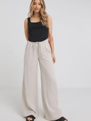 Simply Be Natural Tie Waist Linen Wide Leg Trousers - Image 1 of 5