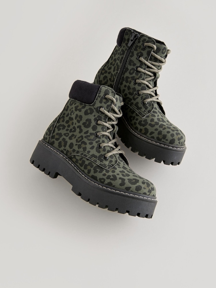 Green Animal Print Lace-Up Chunky Boots - Image 1 of 5