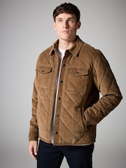 Tan Brown Borg Lined Diamond Quilt Corduroy Shacket - Image 1 of 10
